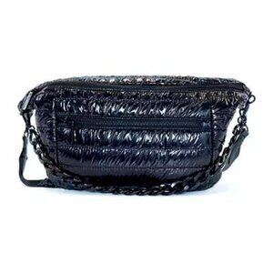BCBGgeneration, Quilted Sling Crossbody Bag with Woven Chain, NWT Black patent